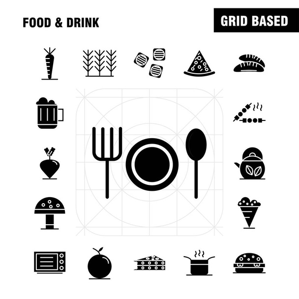 食べ物や飲み物の塗りつぶしのグリフ アイコン設定インフォ グラフィック、モバイル Ux/Ui キットと印刷のデザイン。以下は、食品、レストラン、ディナー、穀物、食品、小麦、バーベキュー、肉、ベクトルのアイコンを設定- - ベクター画像