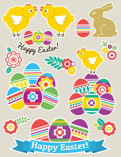 Color easter stickers with eggs, rabbit and chicken. Holiday Easter Eggs decorated with flowers. Print design, label, sticker, scrap booking, stamp, vector illustration - Vector, Imagen