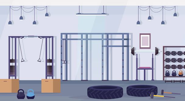 crossfit health club studio with workout equipment healthy lifestyle concept empty no people gym interior training apparatus horizontal - Vector, Imagen