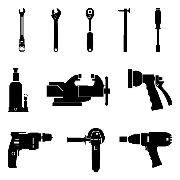 Hand tools and power tools. Silhouette vector icons - Vector, afbeelding