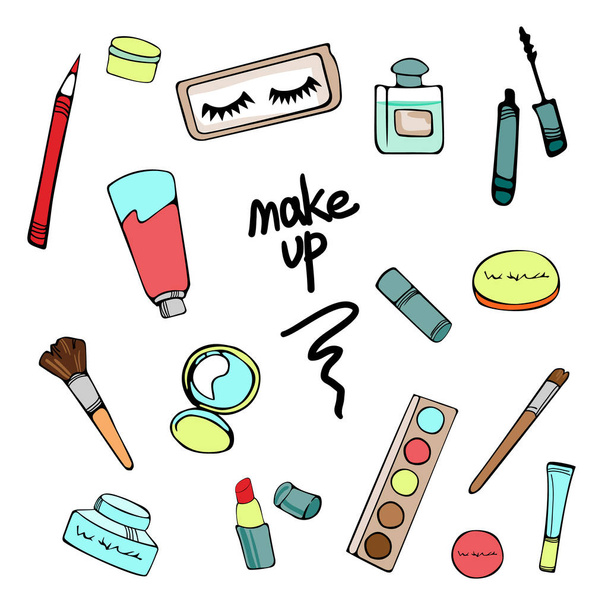 un conjunto de cosméticos con varias cosas maquillador conjunto maquillaje cosas, lettering vector ilustración maquillaje
 - Vector, imagen