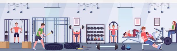 sporty people doing exercises men women working out together on training apparatus in gym workout healthy lifestyle concept modern health club studio interior horizontal banner - Vector, Imagen