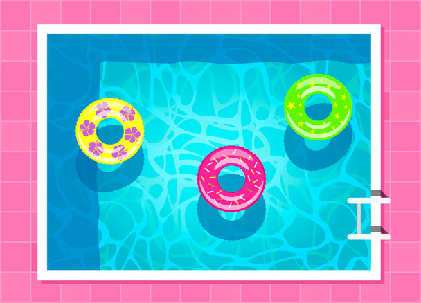 Una elegante piscina all'aperto con galleggianti gonfiabili. illustrazione vettoriale piatta
 - Vettoriali, immagini