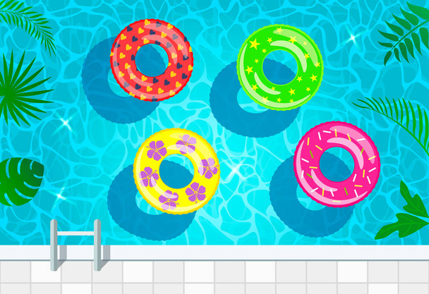 Een levendige illustratie van de textuur van het water in het zwembad met opblaasbare kringen voor zwemmen bovenaanzicht. vector - Vector, afbeelding