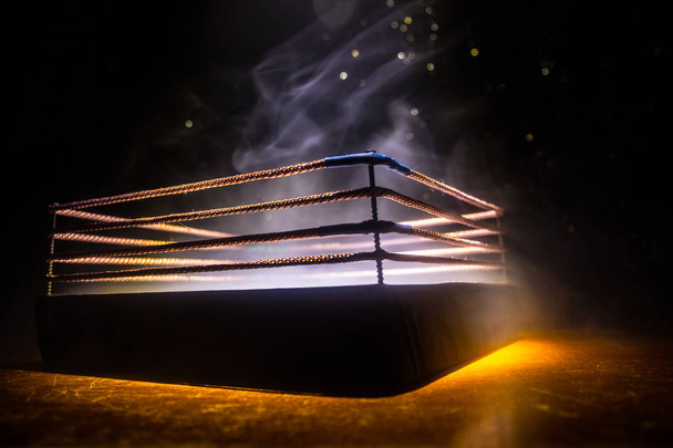 Empty boxing ring with red ropes for match in the stadium arena. Creative artwork decoration. Foggy background with light. Selective focus - Photo, Image