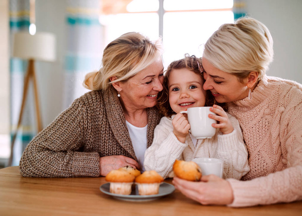 A portrait of small girl with mother and grandmother at the table at home. - Photo, Image