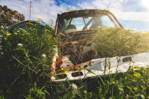 Opuštěná vozidla vlevo rzi v poli na venkově - Fotografie, Obrázek