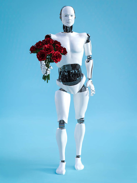rendu 3D de robot mâle tenant un bouquet de roses
. - Photo, image