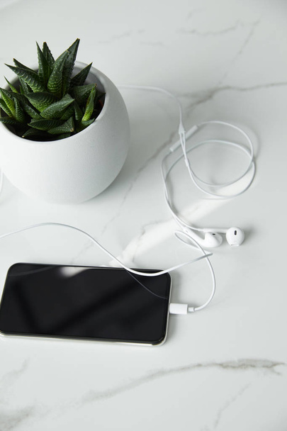 earphones connected to smartphone with blank screen, and flowerpot on white marble surface - Fotó, kép