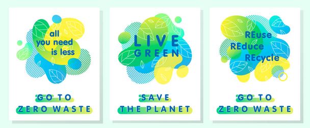 Set of zero waste posters with bright liquid shapes,tiny leaves and geometric elements.Fluid compositions perfect for prints,logos,flyers,banners design and more.Eco-friendly lifestyle concepts. - Vector, Image