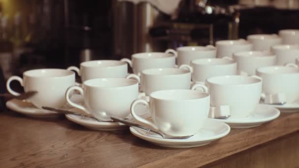 many empty white clean tea cups - Footage, Video
