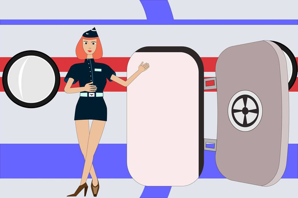 Air lady stewardess invites to flight near the aircraft door. Boarding in plane as a welcome on board  to travel or vacation trip. Flight hostess wears dark uniform and airliner is in light colors - Vector, Image