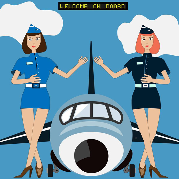 2 つの大きな機体の飛行機からの搭乗でフライト ホステス歓迎の女性を空気します。雲と上記ボード上の歓迎と空港デスク。客室乗務員は青い色の制服の着用します。 - ベクター画像