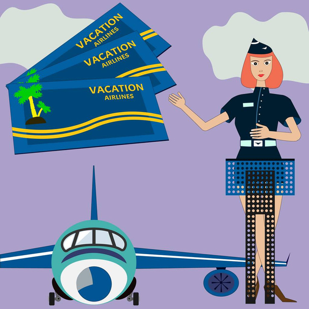Stewardess in uniform welcomes on board in front of big airplane. Avia tickets with airline logo as a symbol of vacation trip and travel. Flight attendant stays by gate desk and is greeting to fly - Vector, Image