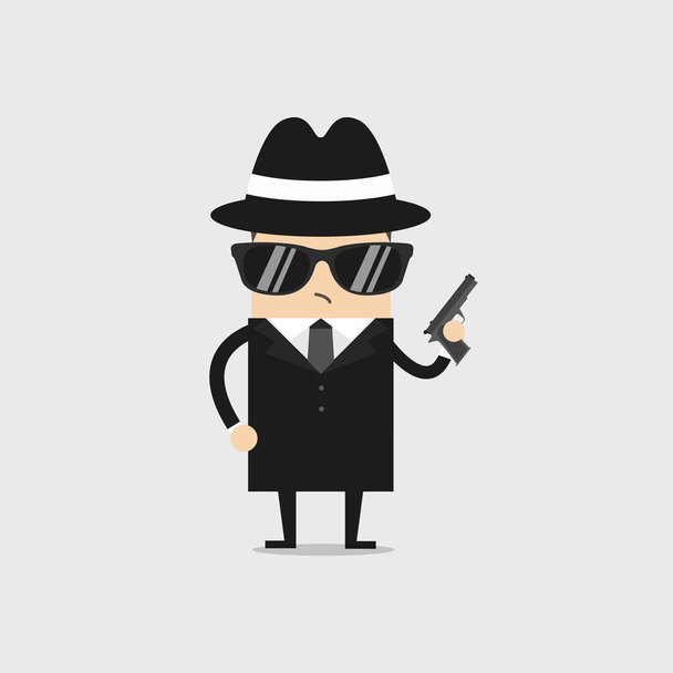The detective wears black glasses and holds a gun in his hand. - Vector, Image