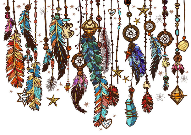 Background border with feathers and crystals - Vector, Image