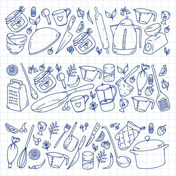 Cooking class, menu. Kitchenware, utencils Food and kitchen icons - Vector, afbeelding