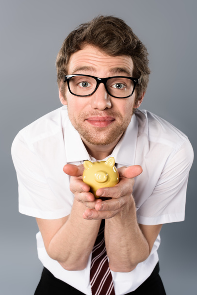 pohledný podnikatel v brýlích drží prasátko na šedém pozadí - Fotografie, Obrázek