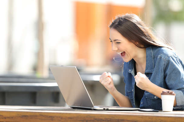 Innoissaan nainen tarkistaa kannettavan tietokoneen sisältöä puistossa
 - Valokuva, kuva