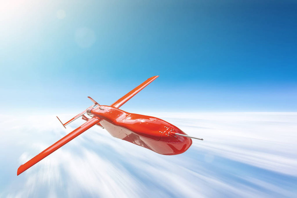 Bezzałogowego drona wojskowych latające nad cloudscape słońce jasne, prędkość rozmycie ruch. - Zdjęcie, obraz