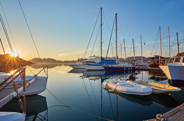 Small port of Kekova with moored yachts during sunset, Turkey - Photo, Image