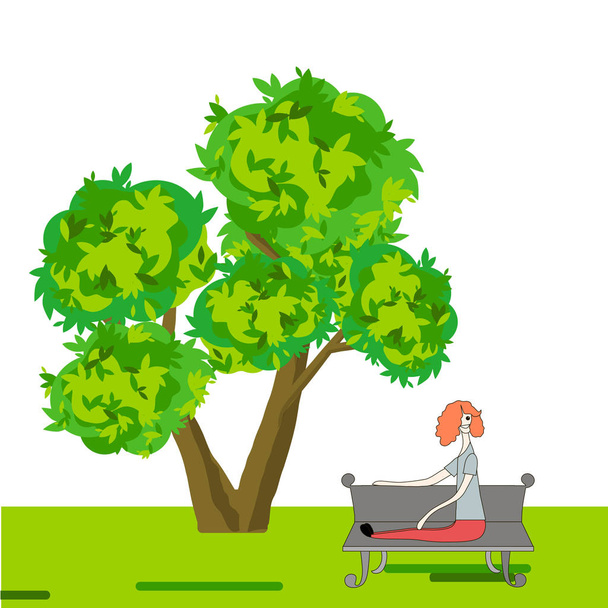 Tyttö istuu rantapallo penkillä vihreän puun alla valkoisella taustalla. Harmaa ja punainen luonnos suunnittelu elementti varastossa vektori kuvitus web, tulostettavaksi
 - Vektori, kuva