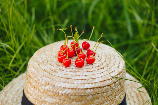 few ripe fruits of sweet cherry with twig on straw hat lying on the grass outdoors. Picnic on nature in the park close up healthy food, diet, personal care. sunny day. - Photo, image