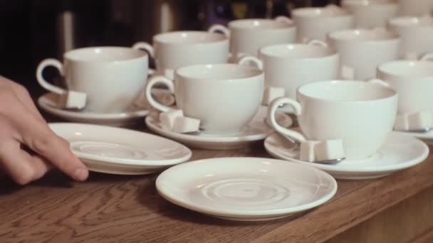many empty white clean tea cups - Footage, Video