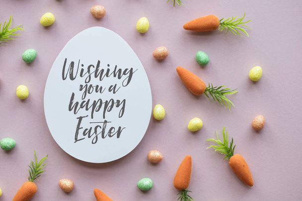 Easter message background with easter eggs and carrots - Fotoğraf, Görsel