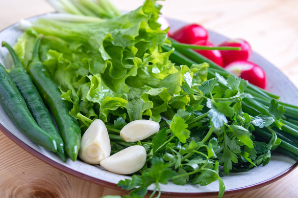 ραπανάκι, μαϊντανό, κρεμμύδι και άλλα λαχανικά σε ένα πιάτο - Φωτογραφία, εικόνα