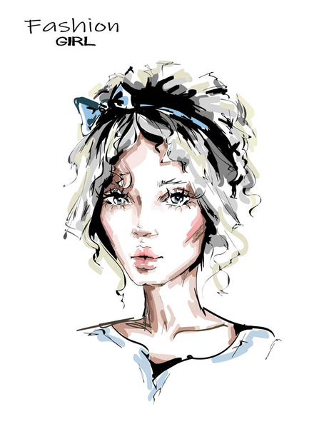Hand drawn beautiful young woman with cute hairstyle. Stylish girl with bow in her blonde hair. Fashion woman look. Beautiful face. Sketch.  - Вектор, зображення