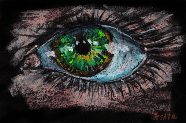 Gran ojo verde. Pastel al óleo. Fondo negro
 - Foto, imagen