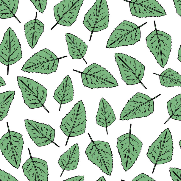 シームレスなパターンを手描きます。緑の葉。ベクターイラスト. - ベクター画像