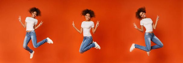 Коллаж прыгающей черной девушки на оранжевом
 - Фото, изображение