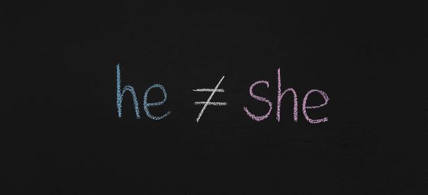 Word He is not equal She, chalkboard sketch - Photo, Image