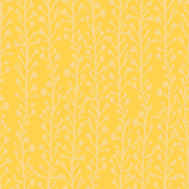 Yellow nature texture background. Seamless vector pattern of abstract plants in yellow hues. Branches and leaves growing in vertical direction. Subtle foliage texture for summer fabric, page fill - Vetor, Imagem