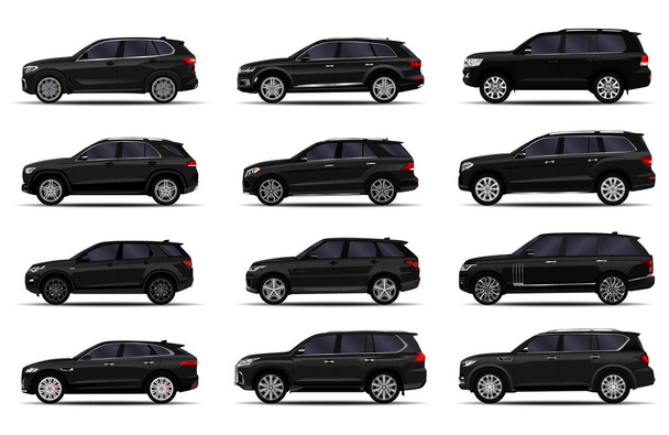 Conjunto de coches SUV realistas. Vista frontal; vista lateral; vista trasera. - Vector, Imagen