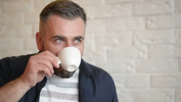 Handsome Bearded Man Relaxing in the Cafe And Drinking Coffee or Tea. Good Mood. - Filmati, video