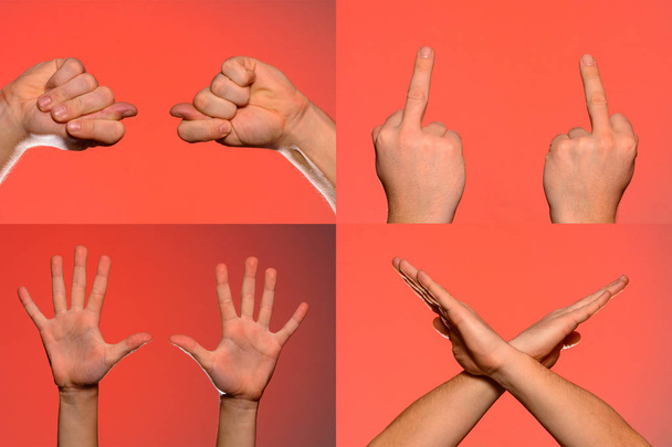 Colección de gestos y signos de mano masculinos aislados sobre fondo rojo. Conjunto de múltiples imágenes. Parte de la serie
 - Foto, imagen