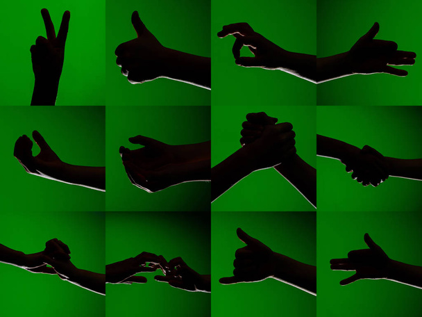 Un conjunto de personajes en los dedos de las manos humanas que se representan con siluetas sobre un fondo verde aislado
 - Foto, Imagen