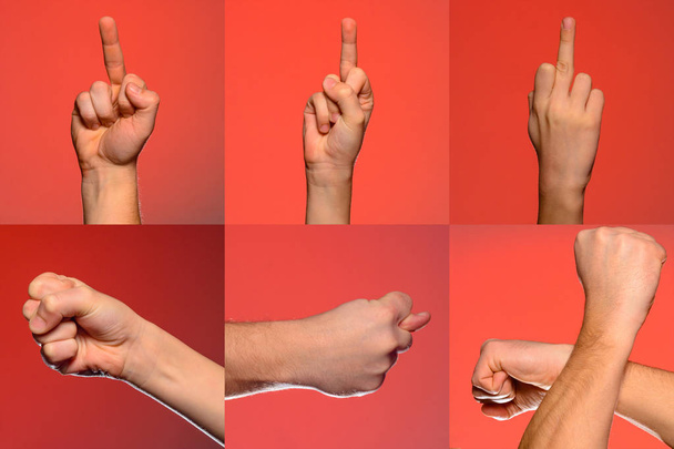 Les gestes de la main masculine et la collection de signes isolés sur fond rouge. Ensemble de plusieurs images. Partie de la série
 - Photo, image
