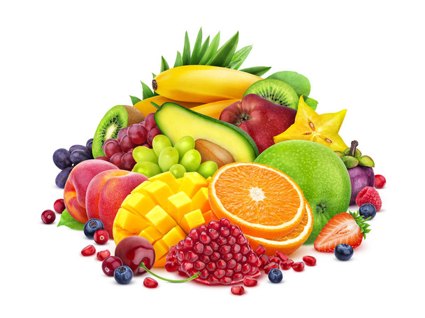 Ассортимент фруктов и ягод изолирован на белом фоне с вырезкой дорожки
 - Фото, изображение