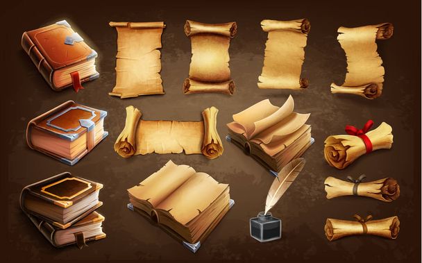set of ancient papyruses on dark background  - Vector, afbeelding