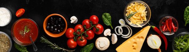 Pizza cooking ingredients, vegetables and cheese, top view - Photo, Image