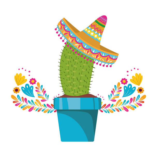 cactus with pot and mexican hat icon - Vector, Image