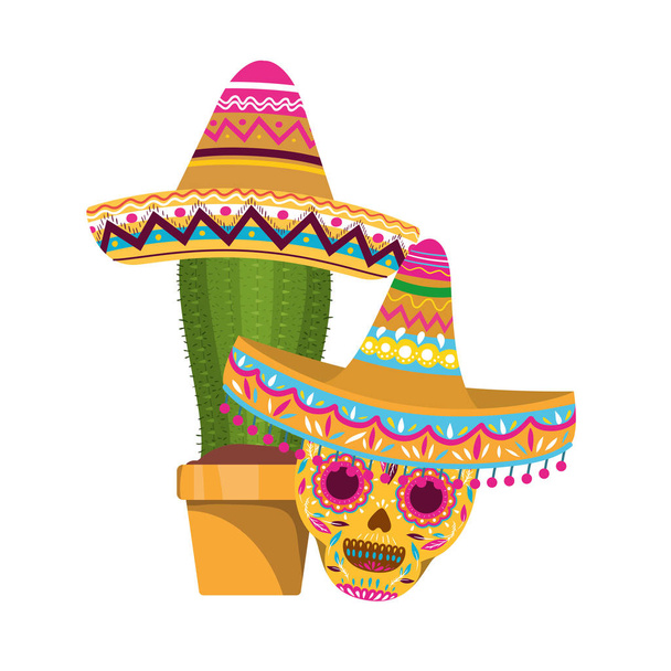 Cactus en schedel met Mexicaanse hoed pictogram - Vector, afbeelding