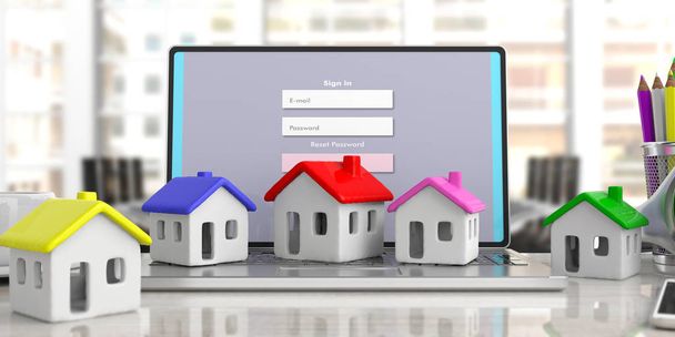 Modelli di casa su computer portatile, ufficio sfondo aziendale. Illustrazione 3d
 - Foto, immagini