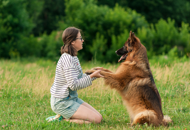 Cheerfull Woman training her German Shepherd dog in the park - Foto, Bild