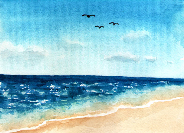 Watercolor seascape. Warm sea or ocean, clean sand, deserted beach, landscape for relaxation - Photo, Image