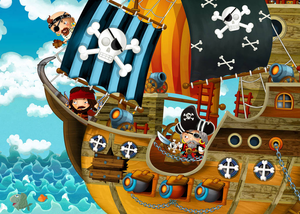 cartoon scene with pirate ship sailing through the seas with scary pirates - illustration for children - Foto, Bild